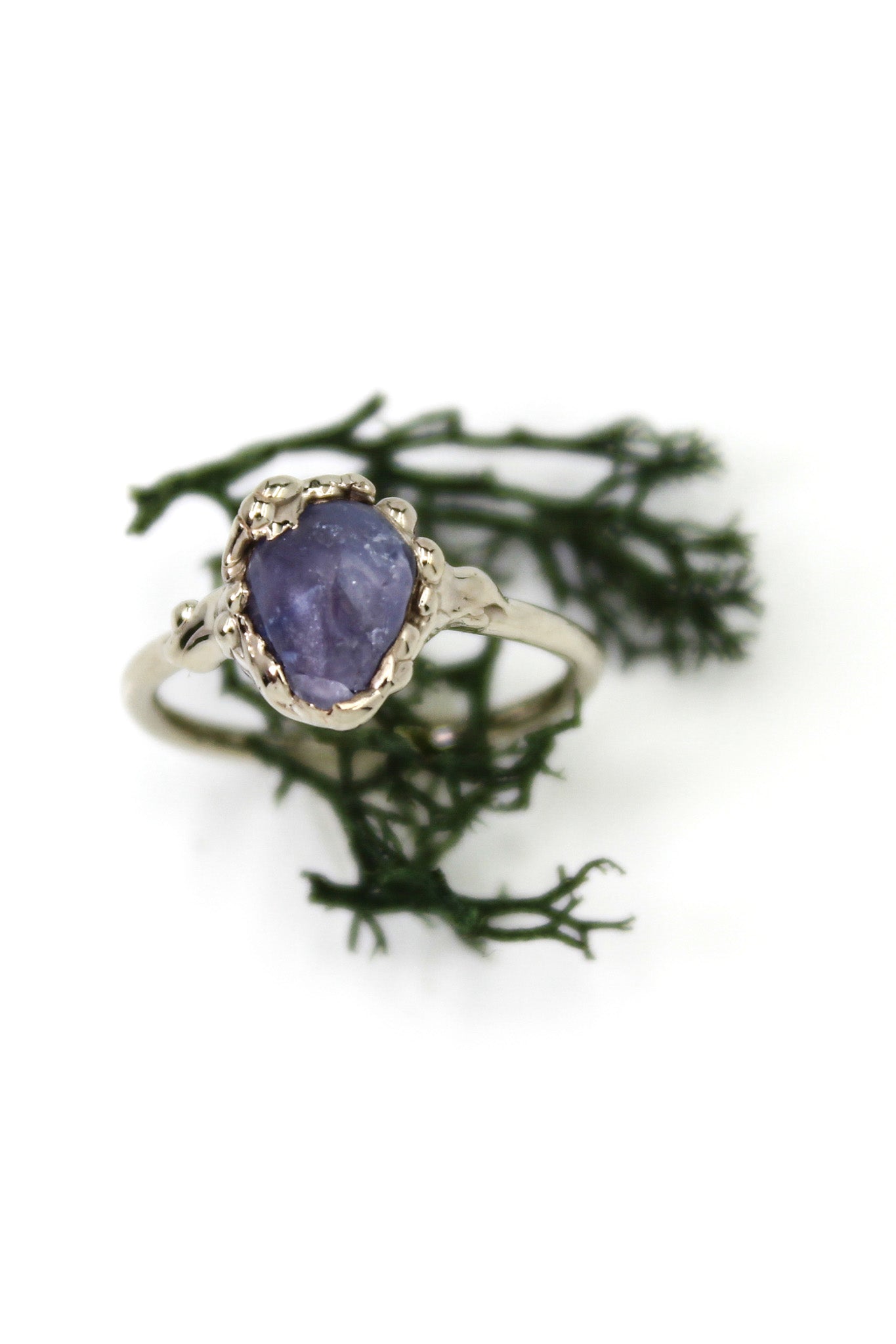 Natural lavender sapphire raw crystal engagement ring fox and stone custom bridal jewelry