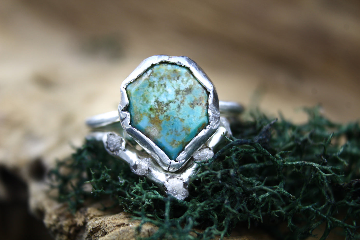 Solid 14k Gold Turquoise & Raw Diamond Wedding Set-Rings-The Fox And Stone
