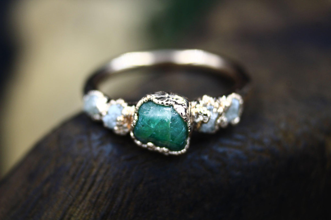 emerald raw diamond engagement ring electroformed