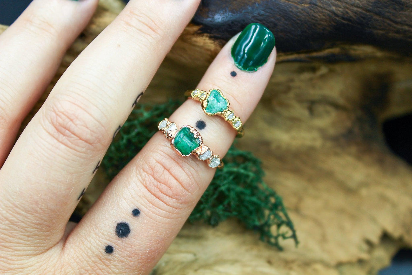 emerald raw diamond engagement ring electroformed
