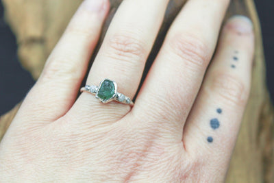 emerald raw diamond alternative engagement ring bohemian bridal jewelry