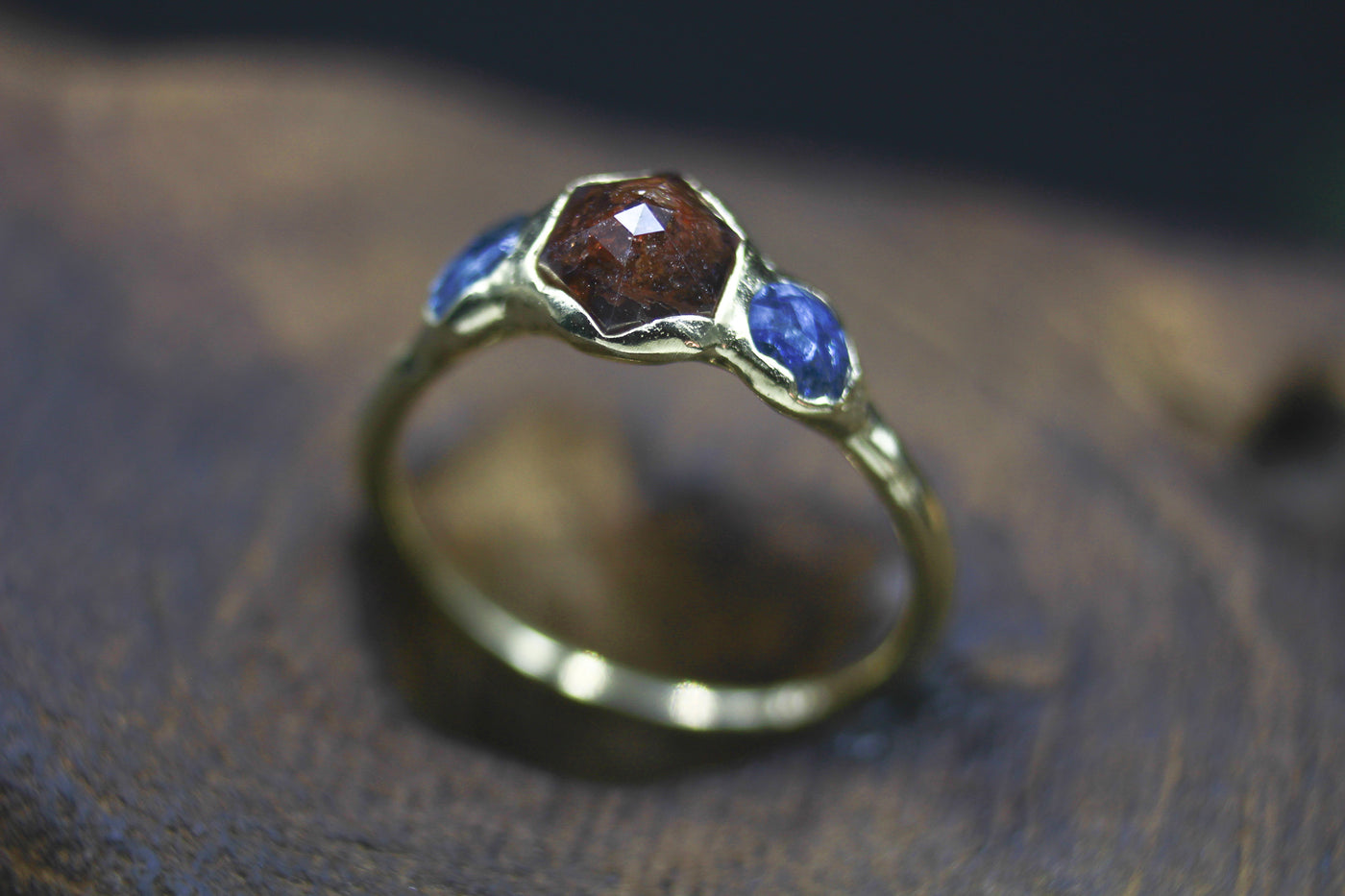 Natural Red Diamond & Sapphire Ring in 14k Yellow Gold