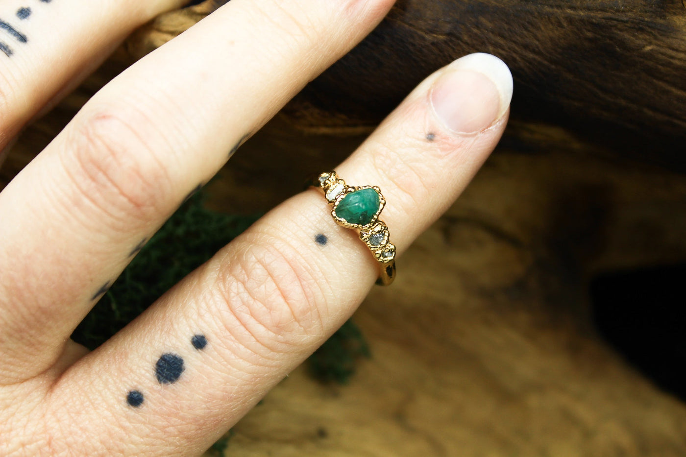 raw emerald alternative engagement ring rough diamond fox and stone