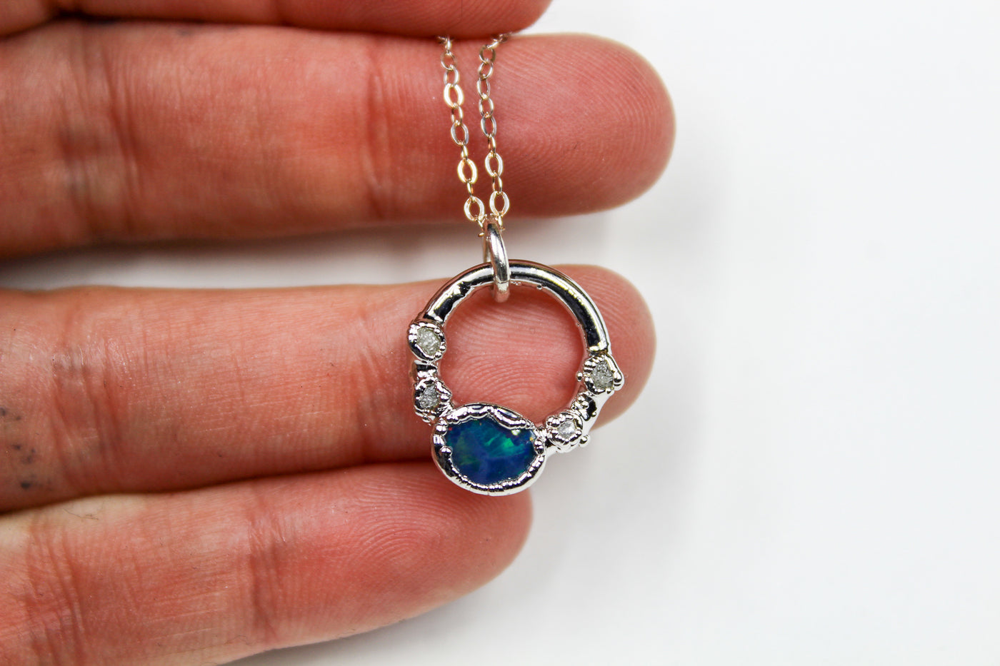 raw stone opal necklace natural diamonds alternative bridal jewelry