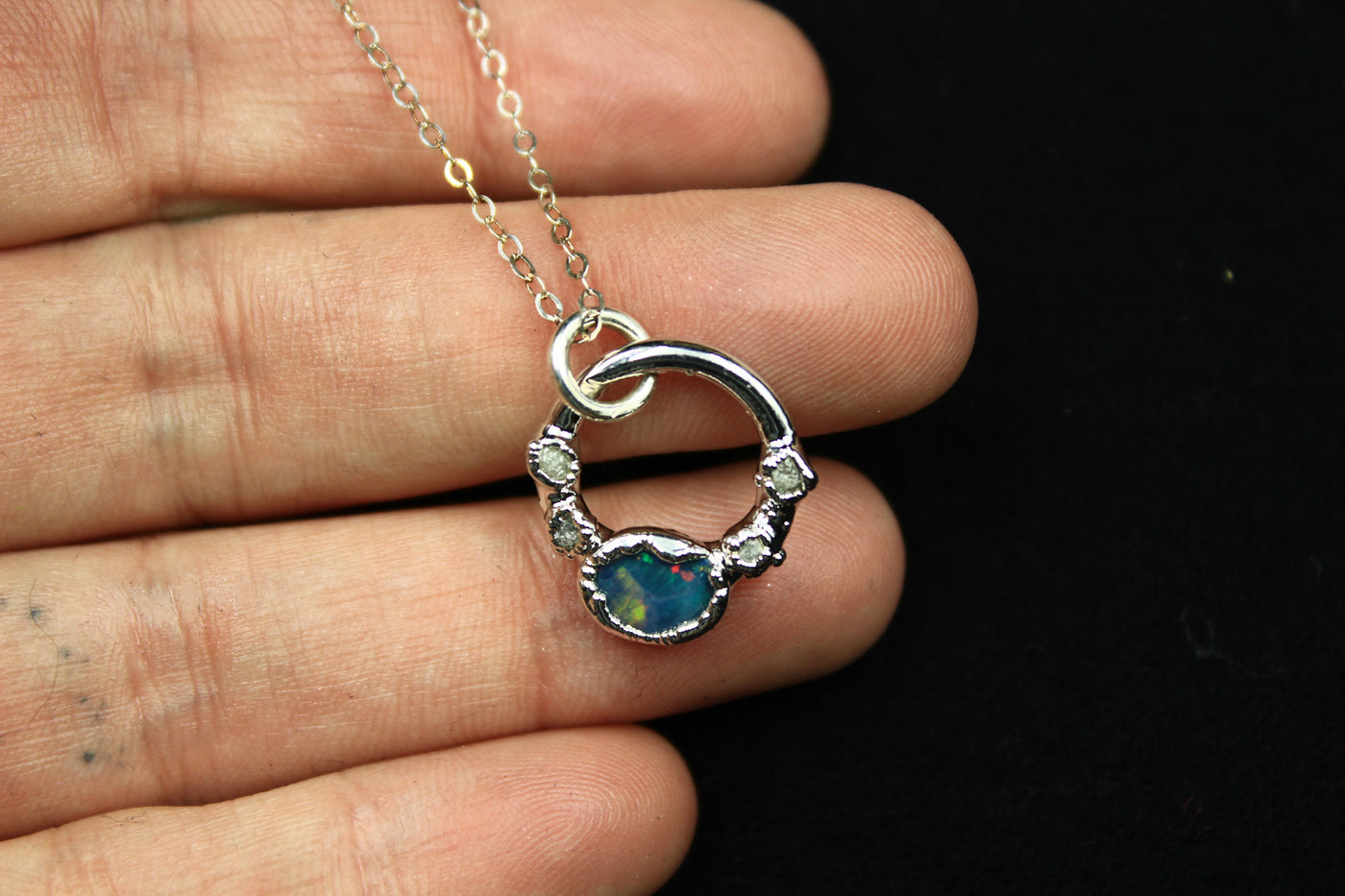 raw stone opal necklace natural diamonds alternative bridal jewelry