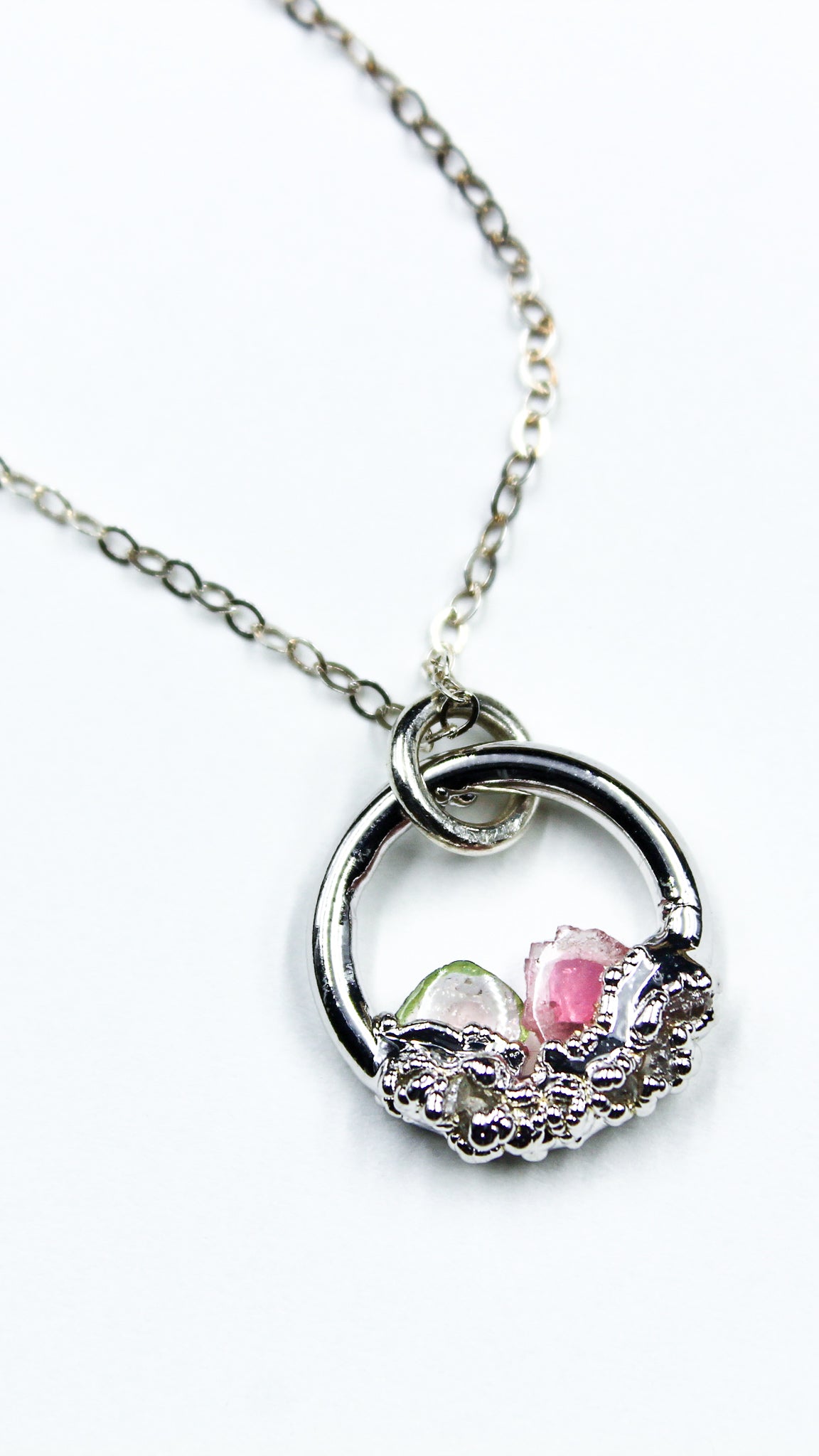 Pink tourmaline diamond necklace in silver indie crystal necklace