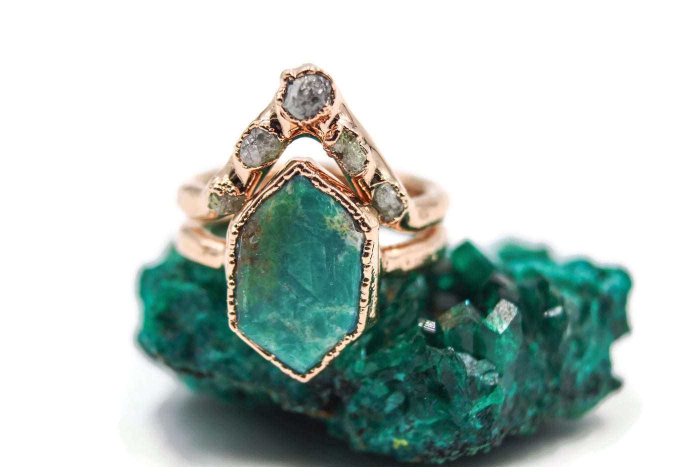 Solid 14k Gold Turquoise & Raw Diamond Wedding Set-The Fox And Stone