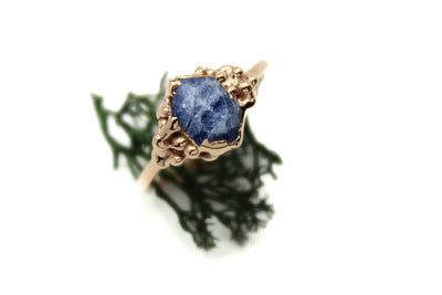 Rose gold blue sapphire natural crystal alternative bridal engagement ring fox and stone