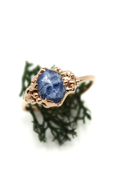 Rose gold blue sapphire natural crystal alternative bridal engagement ring fox and stone