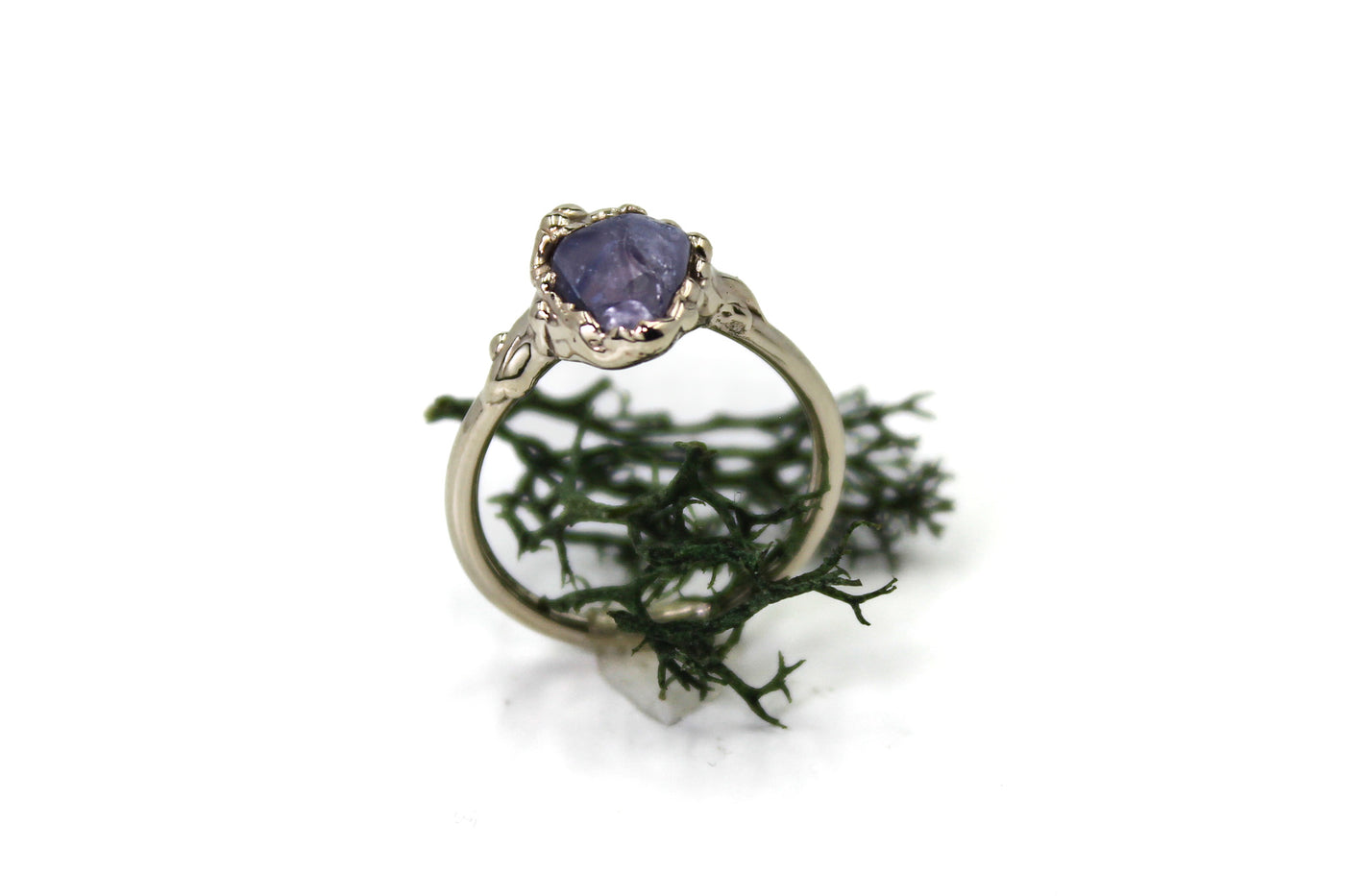 Natural lavender sapphire raw crystal engagement ring fox and stone custom bridal jewelry